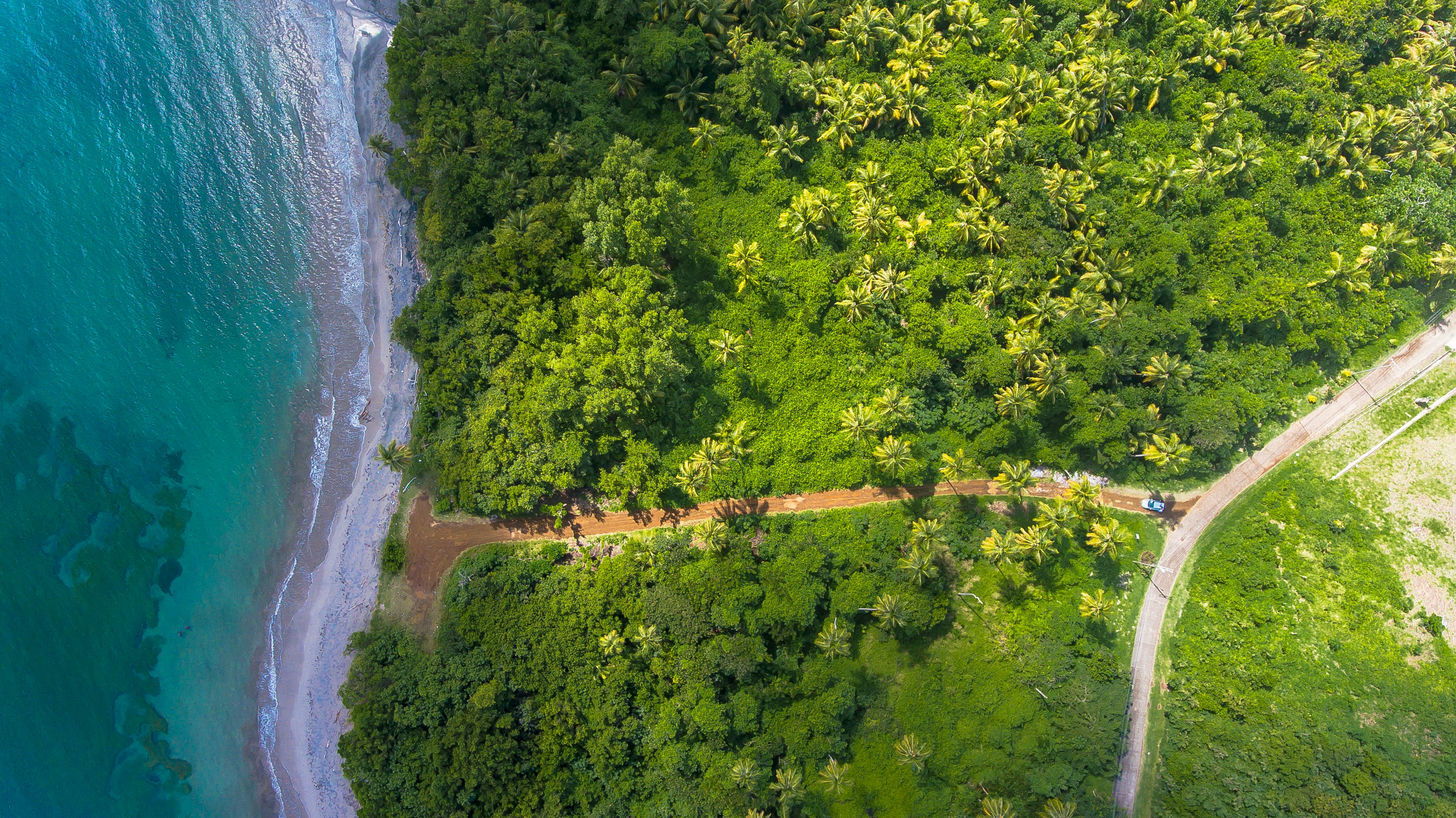 An aerial photo of a lush, green coastline with a dirt road cutting through it toward a small beach with clear, blue water.